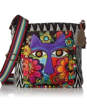 Laurel Burch Blossoming Feline Canvas Tote Artwork Crossbody Bag